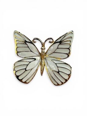 Vintage Sphinx Butterfly Brooch White Enamel Gold Tone Signed Pin